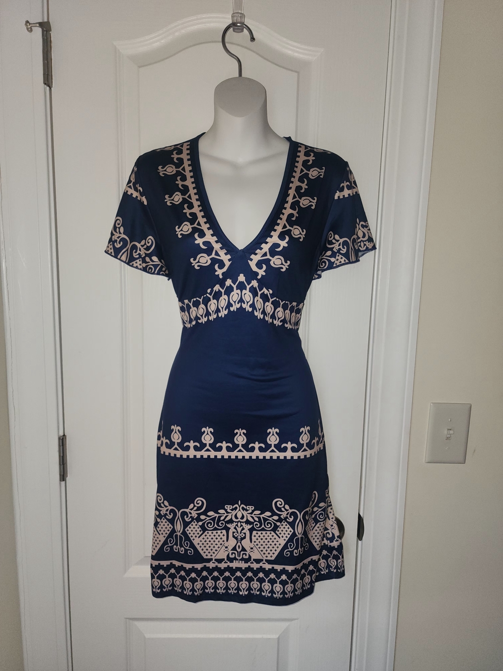 Navy Blue V-Neck Patterned Women’s Dress